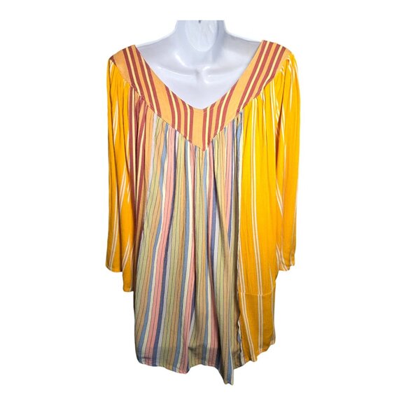 Sacred Threads Boho Peasant Striped 3/4 Sleeve V Neck Tunic Blouse Top L/XL - Picture 3 of 10